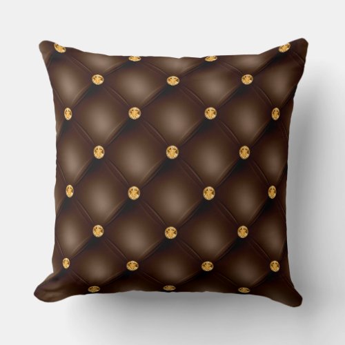 Elegant Glam Tufted Gold Diamond Chocolate Brown Throw Pillow