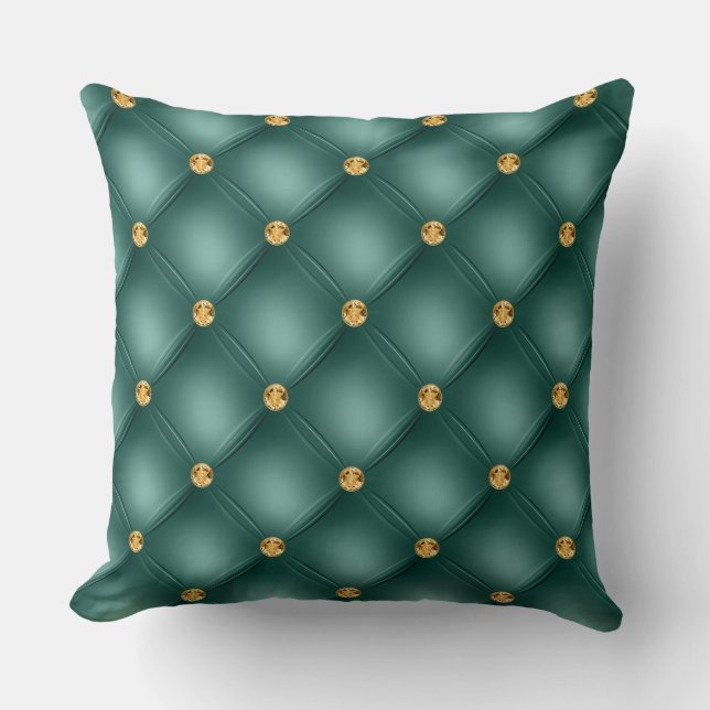 Elegant Glam Tufted Gold Diamond Teal Green Throw Pillow (Front)
