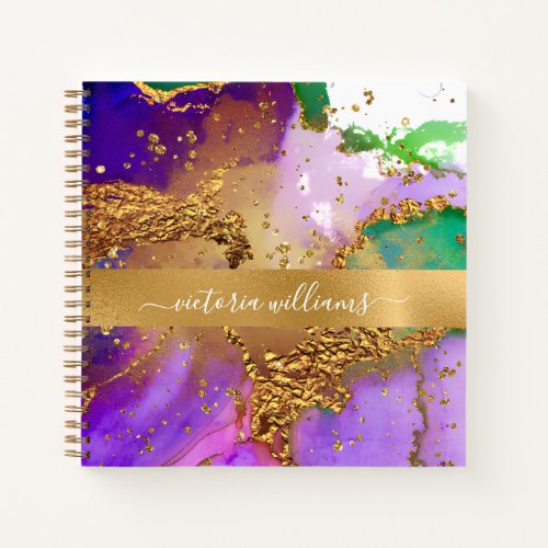 Elegant glam watercolor marble gold  purple notebook