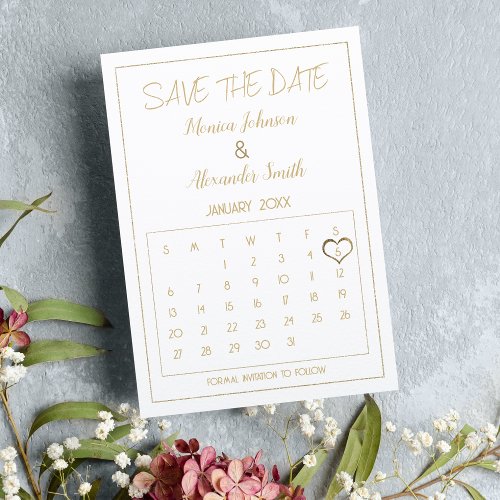 Elegant Glam White Gold Calendar Save the Date  Announcement Postcard