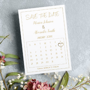 Elegant Glam White Gold Calendar Save the Date Announcement Postcard