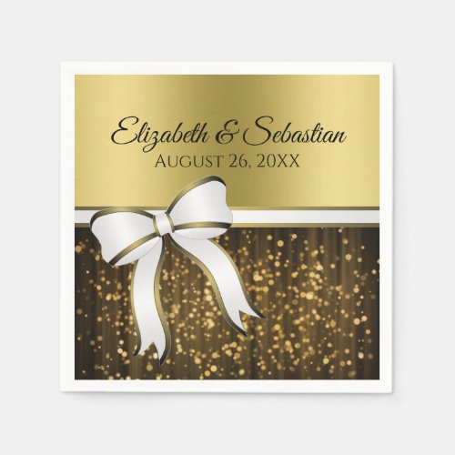 Elegant Glam White Ribbon  Gold Sparkles Wedding Napkins