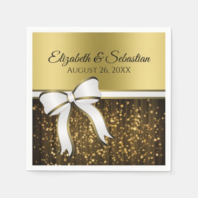 Elegant Glam White Ribbon & Gold Sparkles Wedding Napkins (Front)