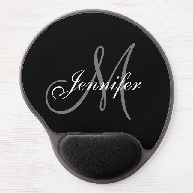 Elegant Glamor Black White Grey Monogram Name Gel Mouse Pad (Front)