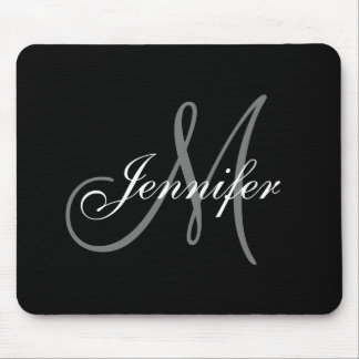 Elegant Glamor Black White Grey Monogram Name Mouse Pad