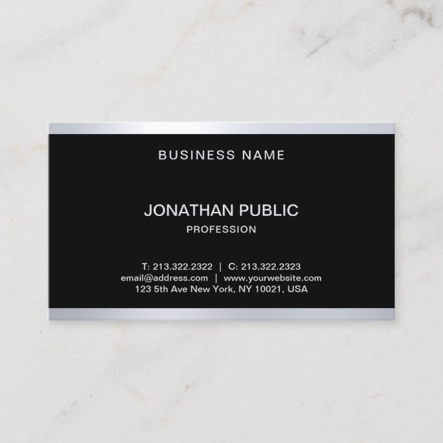 Elegant Glamorous Black And Silver Cool Modern Business Card (Front)