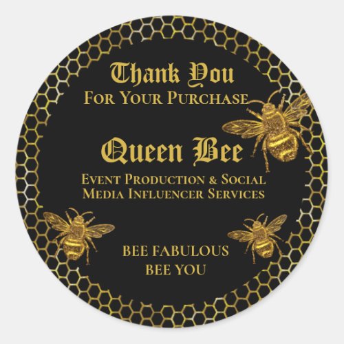 Elegant Glamorous Black Gold Queen Bee Thank You  Classic Round Sticker