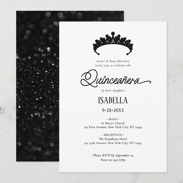 Elegant Glamorous Black & White Quinceañera Invitation (Front/Back)