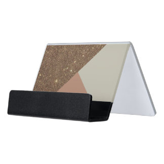 Elegant & Glamorous Faux Gold Glitter & Taupe Desk Business Card Holder