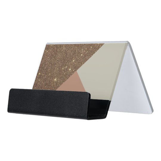 Elegant Glamorous Faux Gold Glitter Taupe Desk Business Card Holder