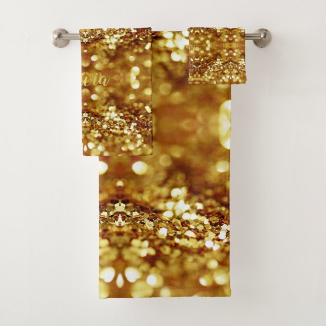 Elegant Glamorous Gold Look Pattern with Name Bath Towel Set (Insitu)