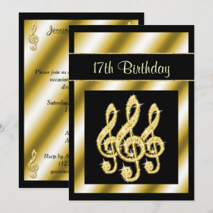 Elegant, Glamorous Gold Treble Clefs 17th Birthday Invitation
