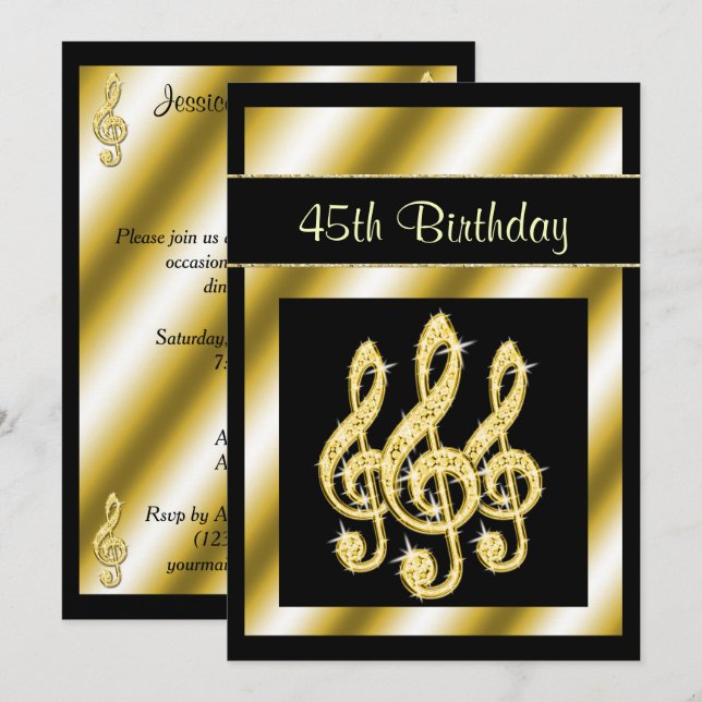 Elegant, Glamorous Gold Treble Clefs 45th Birthday Invitation (Front/Back)