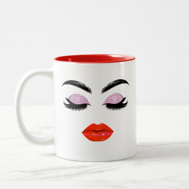 Elegant Glamorous Red Lips & Glitter Eyelashes  Two-Tone Coffee Mug (Left)