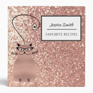 Elegant glamorous rose gold glittery funny cat 3 ring binder