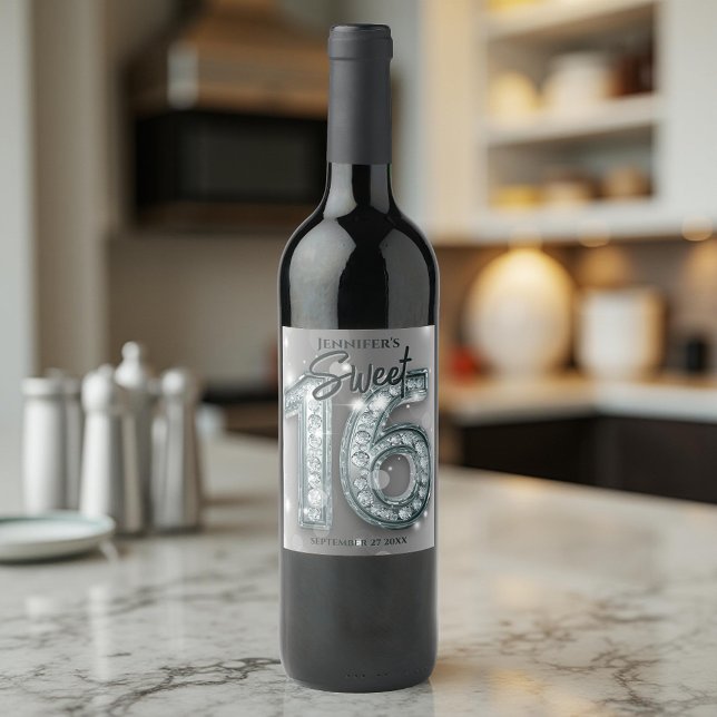 Elegant Glamorous Silver and Diamond Sweet 16 Wine Label (Creator Uploaded)