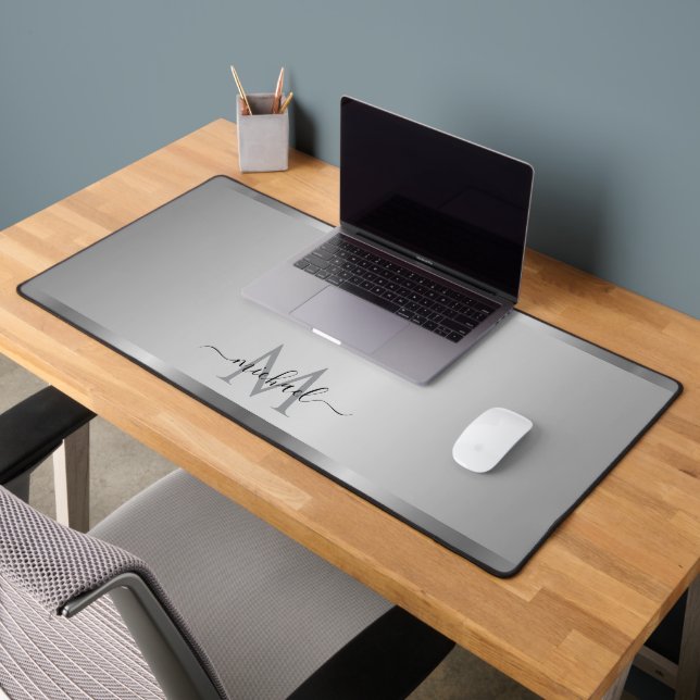 Elegant Glamorous Silver Custom Name Monogram Desk Mat (Office 2)