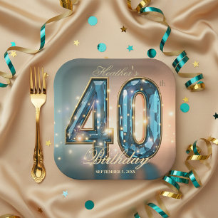 Elegant Glamorous Teal Crystal 40th Birthday Party Paper Plates