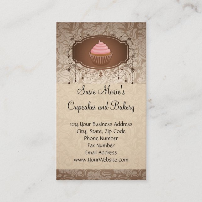 Elegant Glamour Mocha Damask Cupcake Bakery Business Card (Front)