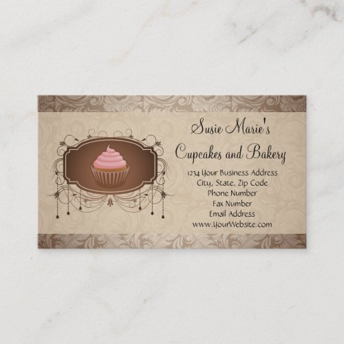 Elegant Glamour Mocha Damask Cupcake Business Card