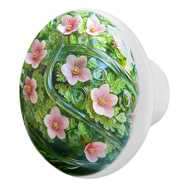 Elegant Glass Orb Pink Flowers Greenery  Ceramic Knob (Right)