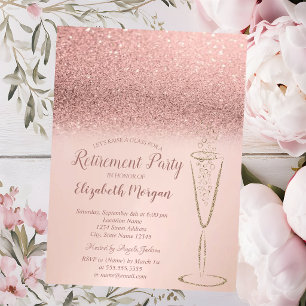 Elegant Glass Rose Gold Glitter Bokeh Retirement Invitation
