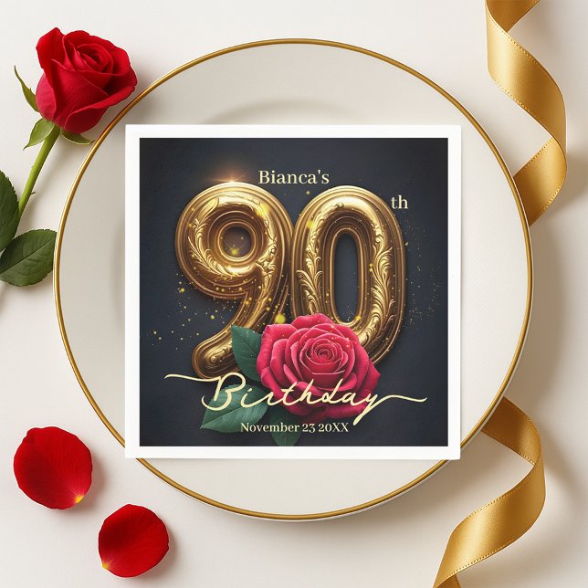 Elegant Glimmering Red Rose Gold 90th Birthday  Napkins (Creator Uploaded)