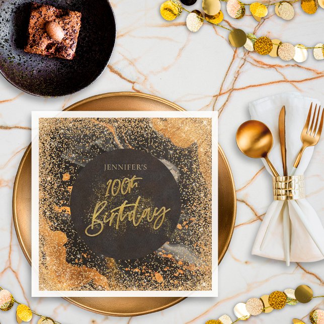Elegant Glitter 100th Black and Gold Birthday Napkins (Creator Uploaded)