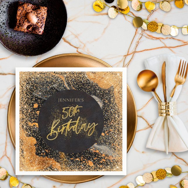 Elegant Glitter 50th Black and Gold Birthday Napkins (Creator Uploaded)