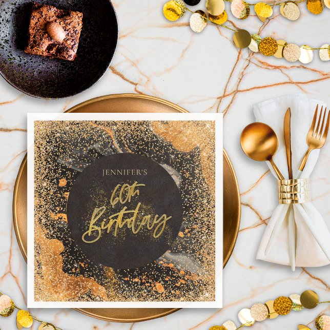 Elegant Glitter 60th Black and Gold Birthday Napkins (Creator Uploaded)