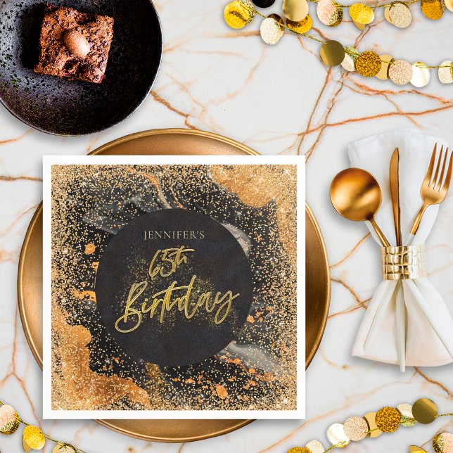 Elegant Glitter 65th Black and Gold Birthday Napkins (Creator Uploaded)