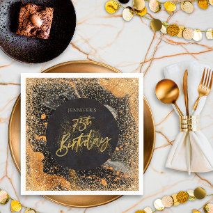 Elegant Glitter 75th Black and Gold Birthday Napkins