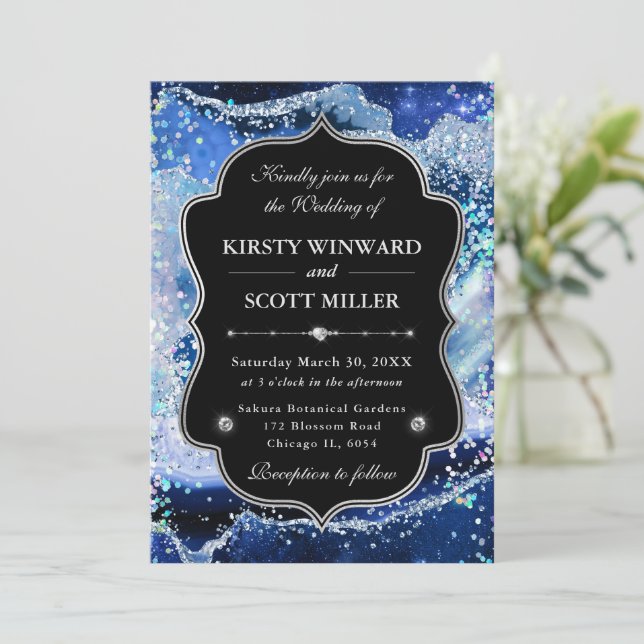 Elegant Glitter Agate Blue & Silver Wedding Invitation (Standing Front)