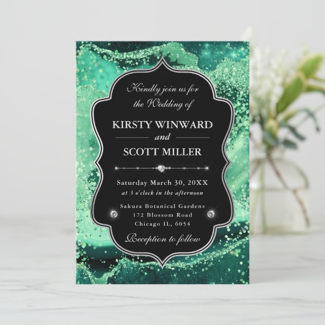 Elegant Glitter Agate Green & Silver Wedding Invitation (Standing Front)