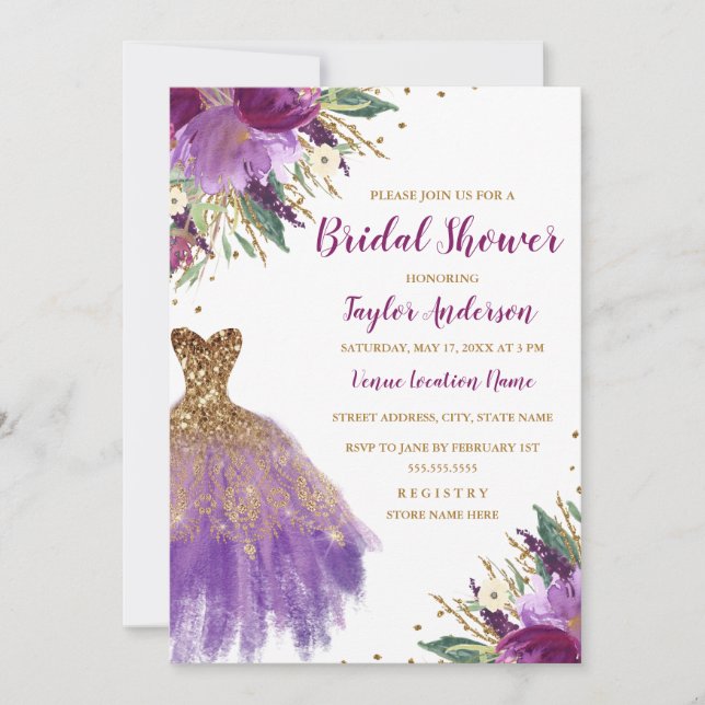 Elegant Glitter Amethyst Dress Bridal Shower Invitation (Front)