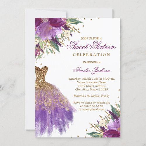 Elegant Glitter Amethyst Dress Sweet Sixteen Invitation