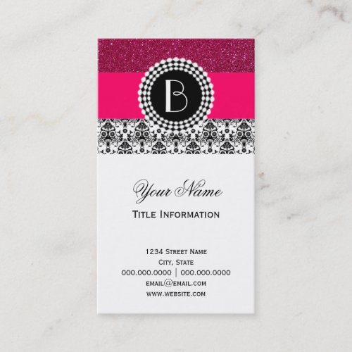 Elegant Glitter and Damask Pattern with Monogram Business Card Templates