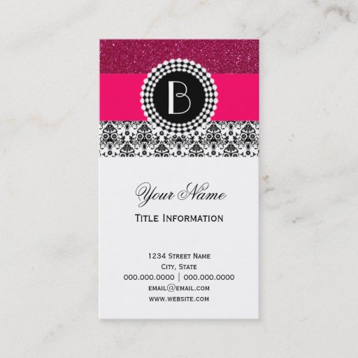 Customizable Elegant Glitter and Damask Pattern with Monogram Business Card Templates