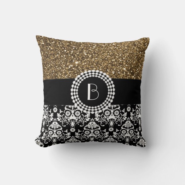 Elegant Glitter and Damask Pattern with Monogram Throw Pillow (Front)