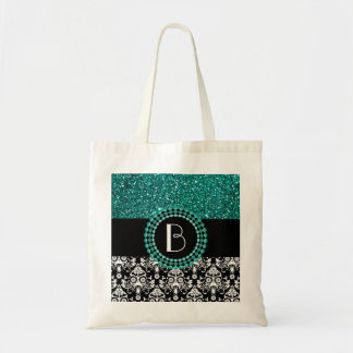 Elegant Glitter and Damask Pattern with Monogram Tote Bag