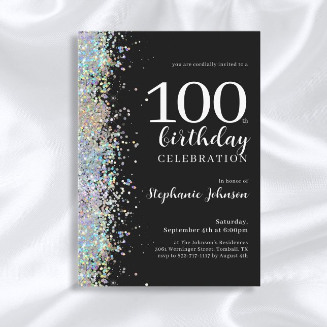 Elegant Glitter Black 100th Birthday Party Invitation (Mockup View)