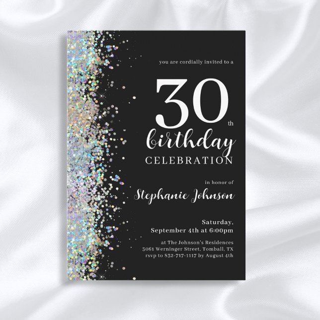 Elegant Glitter Black 30th Birthday Party Invitation (Mockup View)