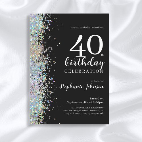 Elegant Glitter Black 40th Birthday Party Invitation