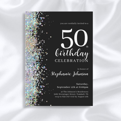 Elegant Glitter Black 50th Birthday Party Invitation