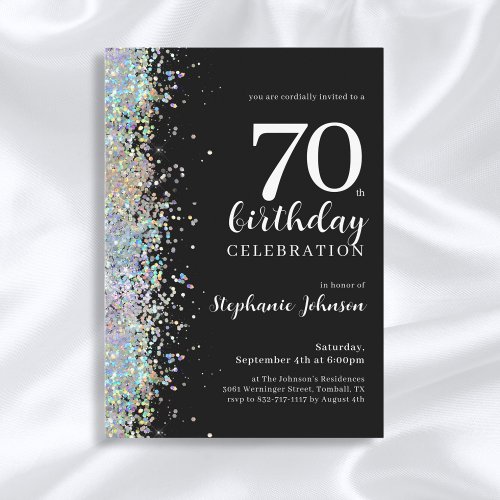 Elegant Glitter Black 70th Birthday Party Invitation