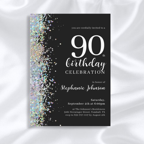 Elegant Glitter Black 90th Birthday Party Invitation
