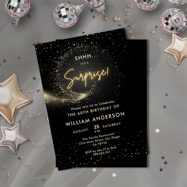 Elegant Glitter Black and Gold Surprise Party  Invitation (Elegant Glitter Black and Gold Surprise Party Invitation)