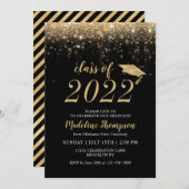 Elegant Glitter Black Gold Hat Graduation Party Invitation (Front/Back)