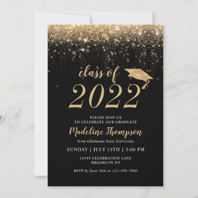 Elegant Glitter Black Gold Hat Graduation Party Invitation (Front)
