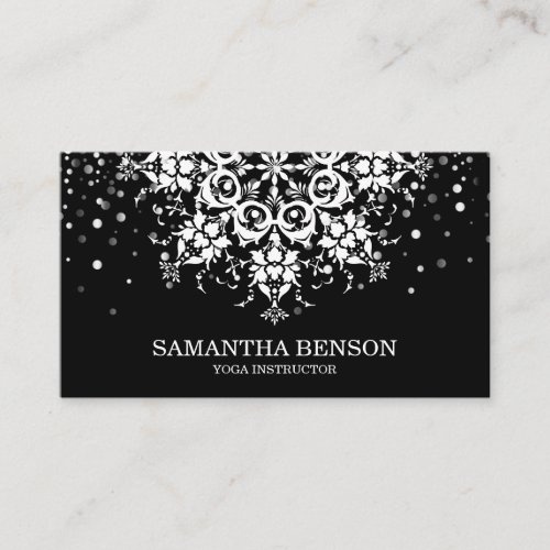 Elegant Glitter Black  white Flower Logo Yoga Business Card